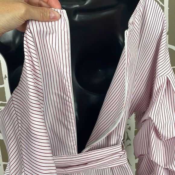 Red & White Striped Jumpsuit w Shirred Balloon Puff Sleeves sz S - Picture 10 of 10